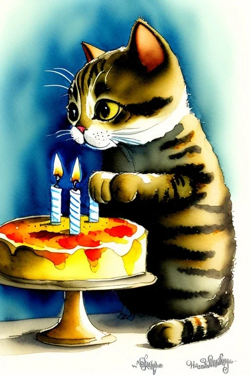 A cute cat is having a birthday cake. Watercolour