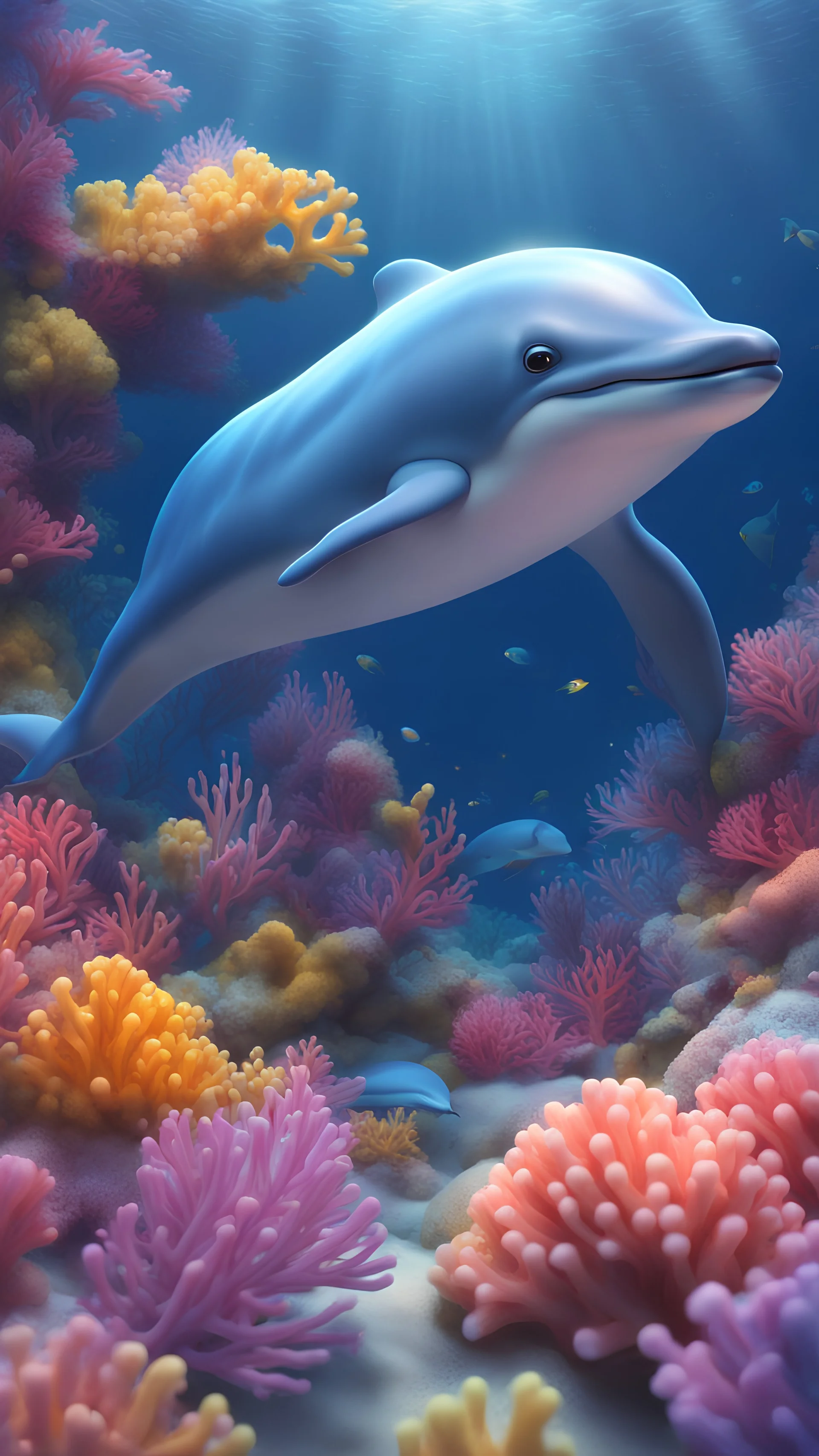 Kawaii, Cartoon, one cute dolphin in the ocean floor with bright colorful corals, All body, with sweet eyes, two fins and a perfect dolphin tail , blue and pink and yellow lighting, Caricature, Realism, Beautiful, Delicate Shades, Lights, Intricate, CGI, Botanical Art, Animal Art, Art Decoration, Realism, 4K , Detailed drawing, Depth of field, Digital painting, Computer graphics, Raw photo, HDR