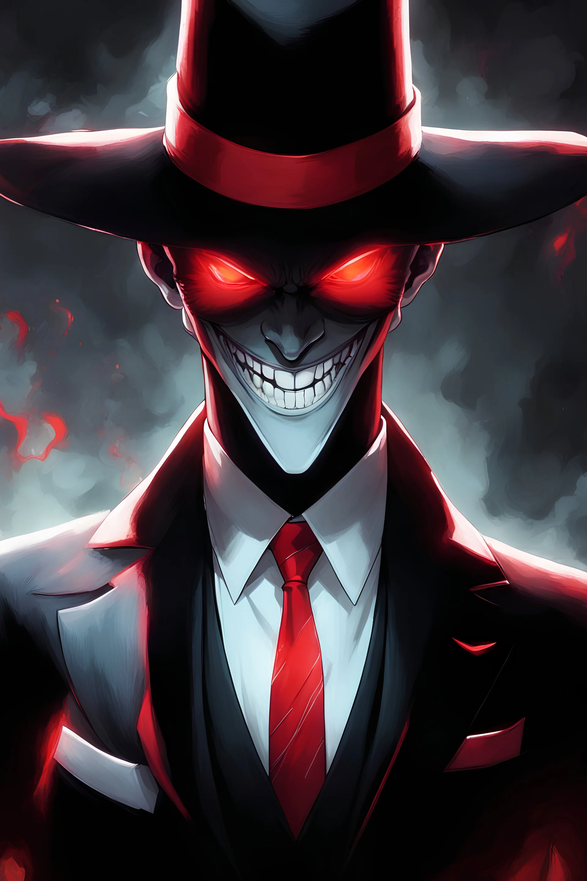 demonio de sombras usando sombrero y traje negro, con detalle y corbata de rojo. Rojos rojos brillantes y una gran sonrisa blanca