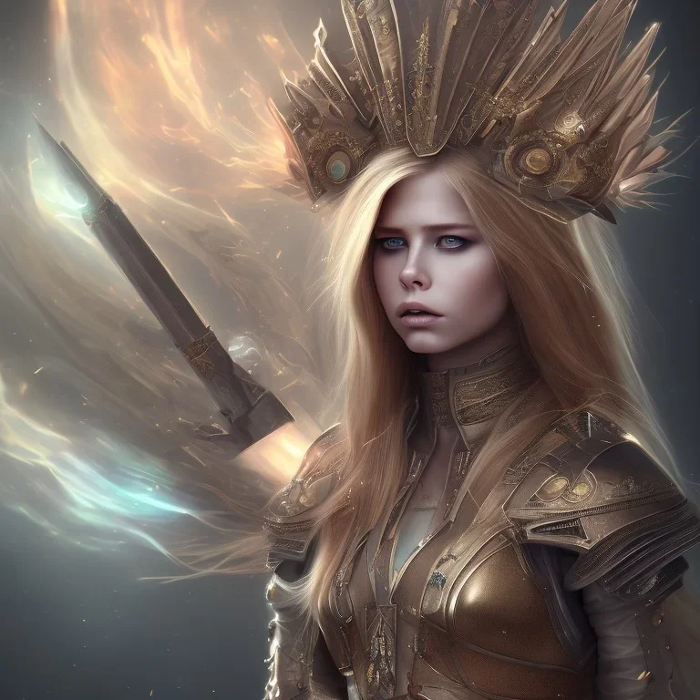 perfect face avril lavigne, dress armor valkirye, golden, spiritual energy around particle fog, cloud, smoke,