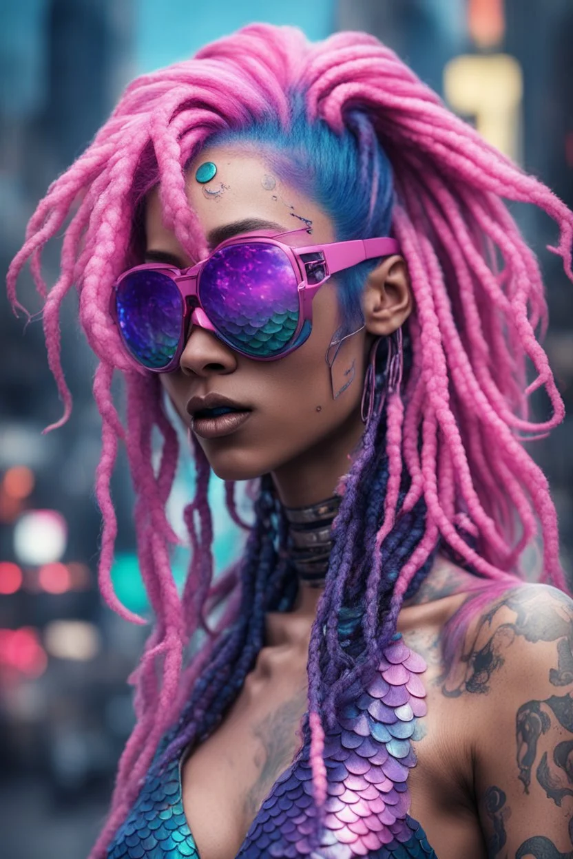 entire body mermaid cyberpunk some fish scales on face pink and indigo hair dreadlock sunglasses