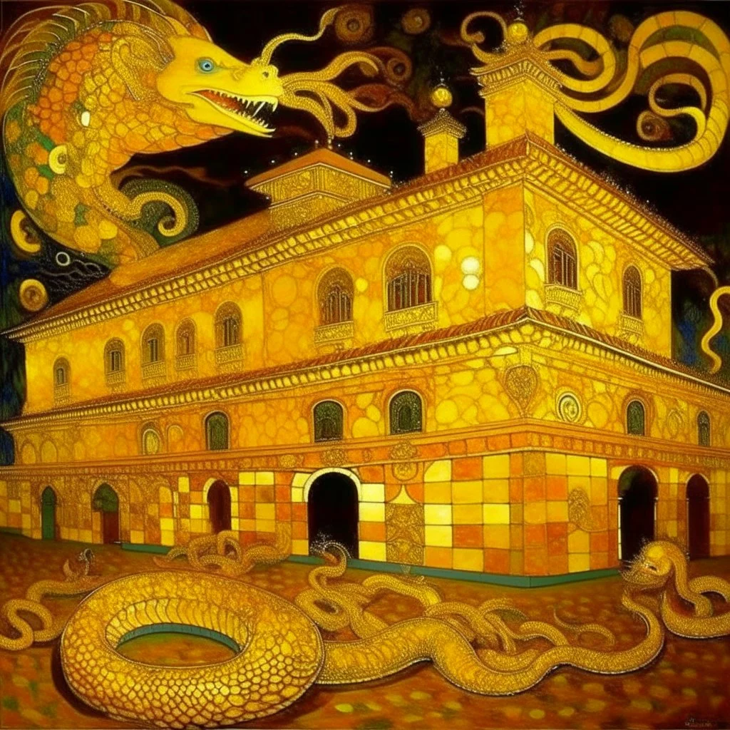 A yellow palace with glowing light dragons painted by Gustav Klimt