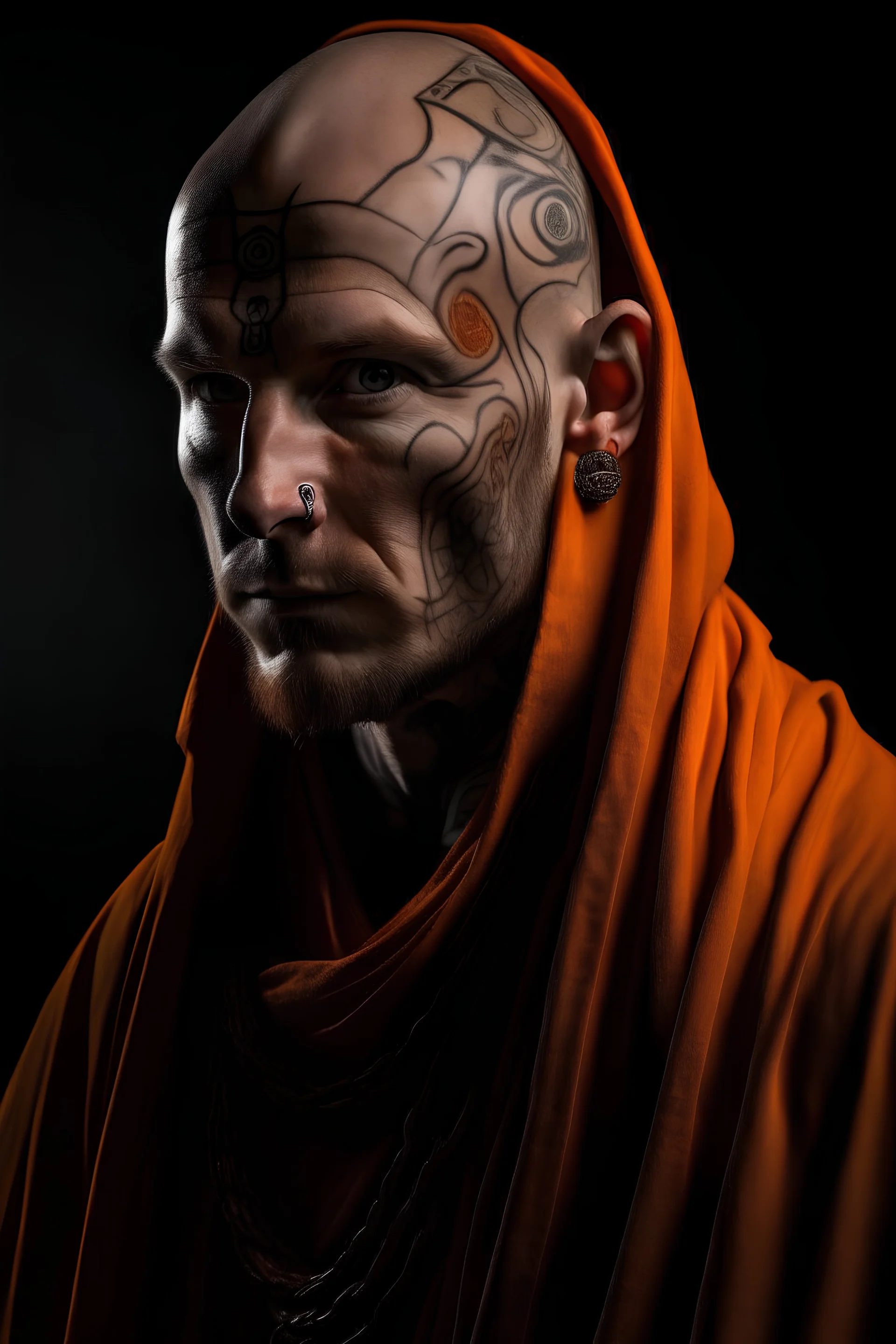 nordic monk with face tattoo, scar on left side of face and orange robes