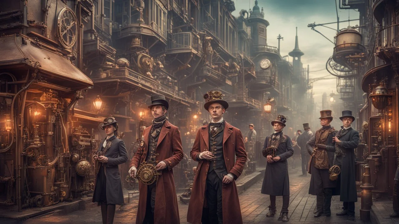 Award-winning photograph of a group of (steampunk) people dressed in intricate Victorian-era clothing, operating (steampunk) machines and inventions in a bustling steampunk cityscape, retro-futuristic, industrial revolution, science fiction, detailed environment, atmospheric lighting, mechanical engineering marvels, gears and pipes, vibrant colors, cinematic, alternative history, art nouveau aesthetic, trending on DeviantArt, high detail, 16k.