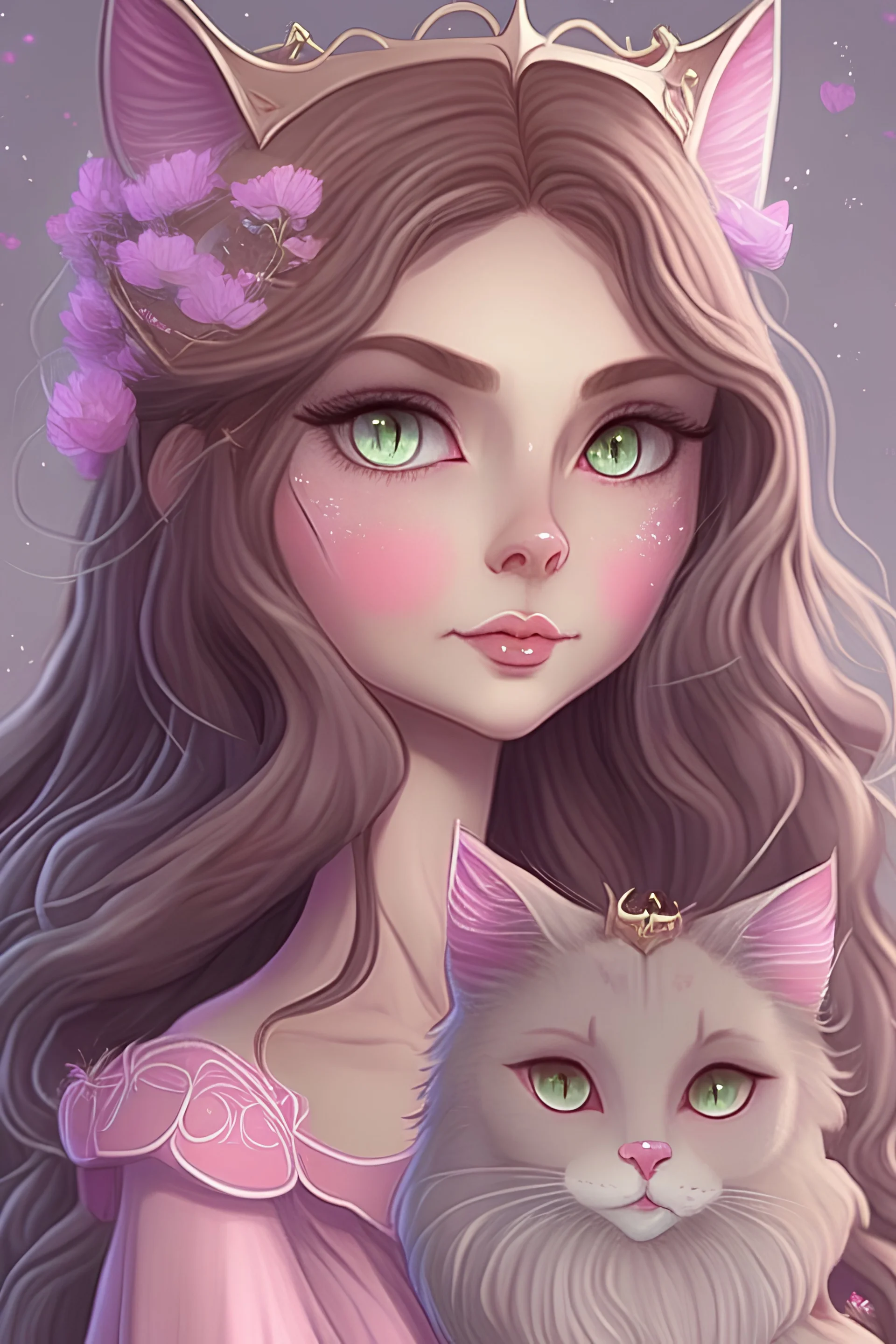 Beautiful and fairy queen from solaria light brown hair and grey ocean eyes wearing pink holding her grey cat studio ghibli animation style