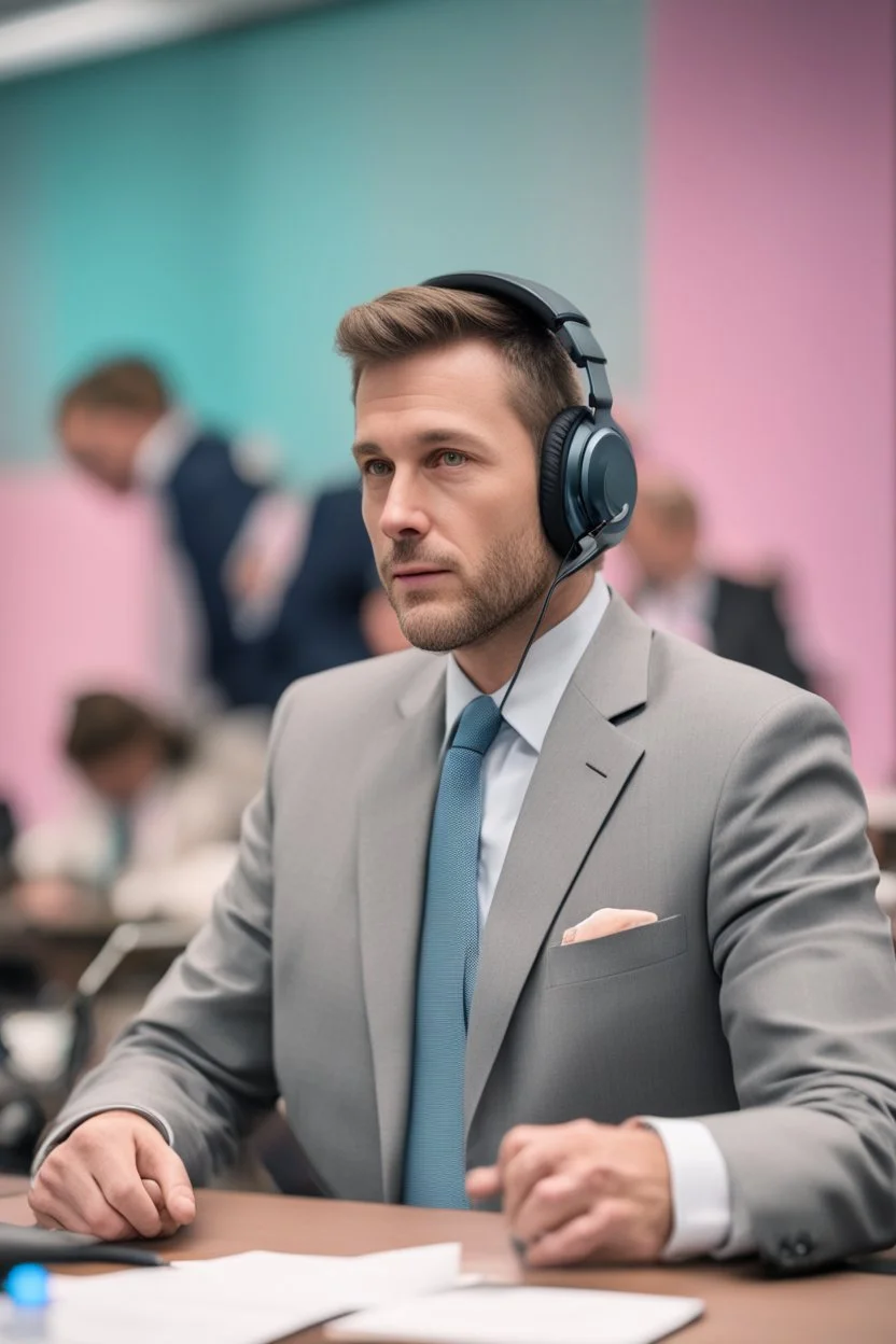 A simultaneous interpreter is sitting at a table with headphones with a microphone on his headphones at a foreign briefing, the background is blurred, everything is in pastel colors,