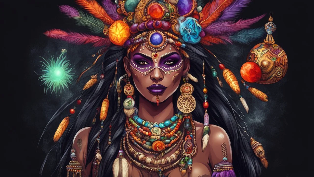 Illustration of a beautiful witch doctor woman with colorful talismans and bone ornaments in hair, dark background