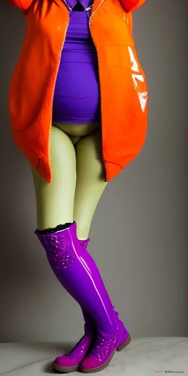 Bright-color-haired woman.thick thighs,thick calves,flat belly,curvy fell, fit, slim. Mantle is sewed of upcycled Denim and sewed together of camouflage pieces. Pieces' color are orange, cream and purple. Cream latex gaiters.It is with big bright purple felt tippet and cream-colored-hood. mantle has a hood. Big AKG-style headphones (gold rings!) is merged with small felt cap with small visor. Style: Haute Couture in 1920's, N.Y.C fashion in 1996, inspired by street art.