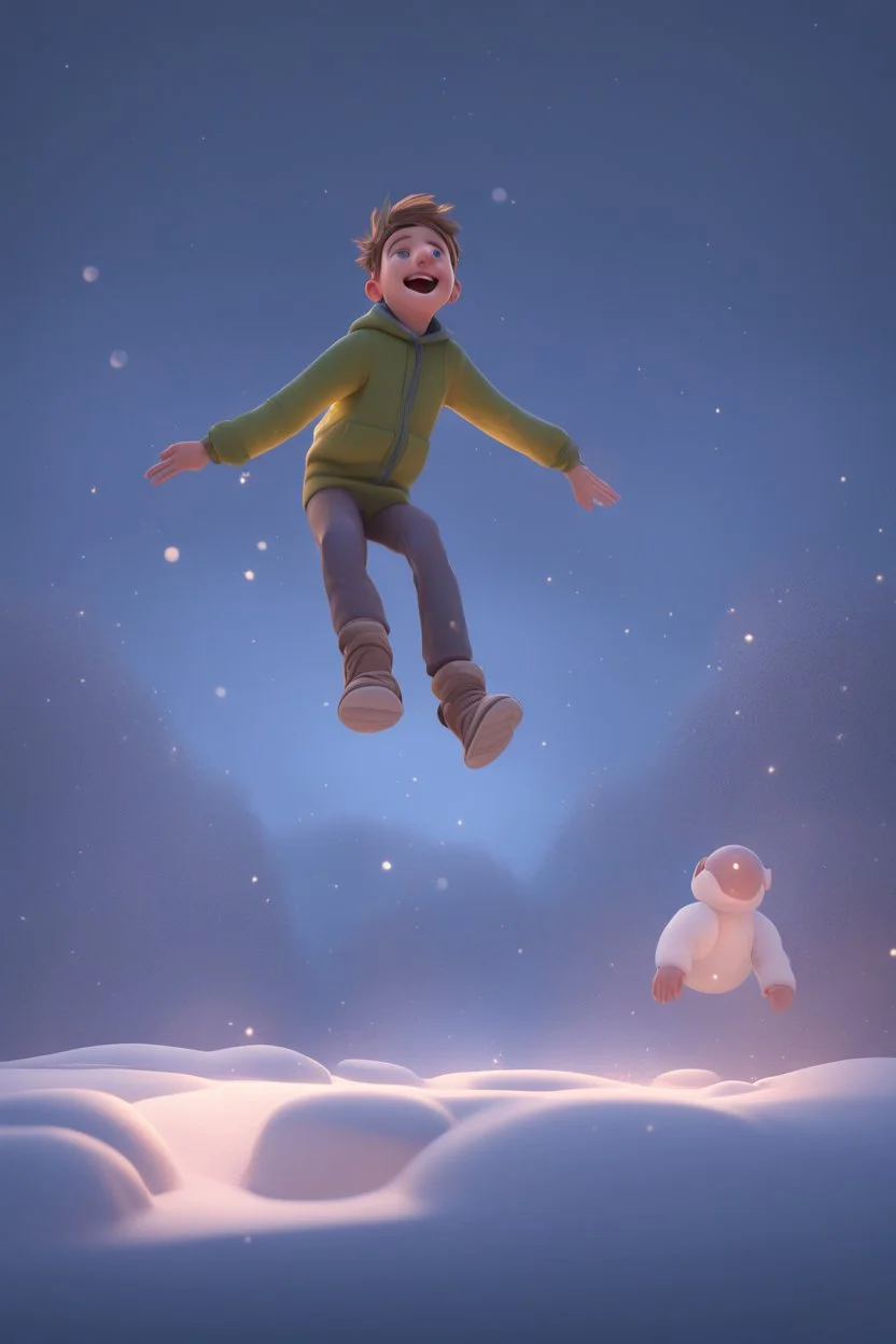 cartoon boy falling from sky on a snowy night, 3 d render, photorealistic, octane, 8 k, pixar - clip art by chris ware, beeple style, cg society contest winner, unreal engine, deviantart, ray tracing, global illumination