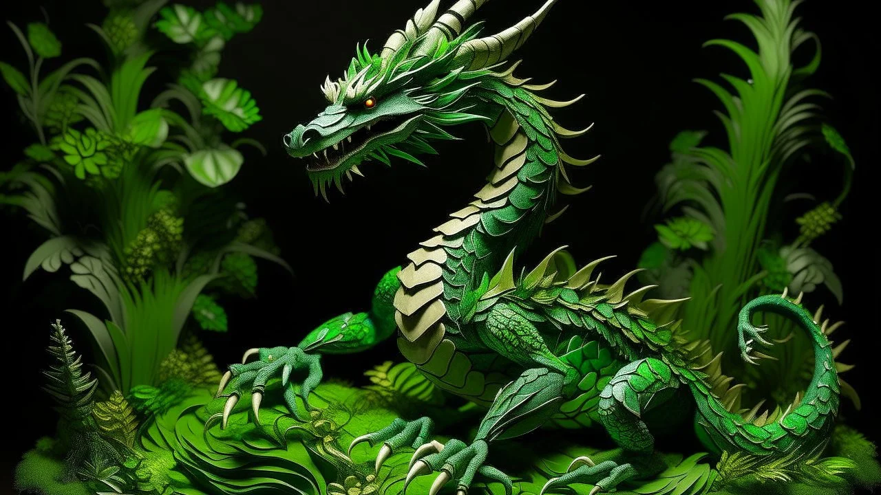 A green nature elemental dragon designed in Javanese shadow puppets painted by Frank Wilson