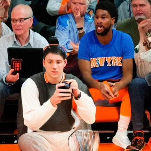 a man watching the New York Knicks on a nintendo gameboy