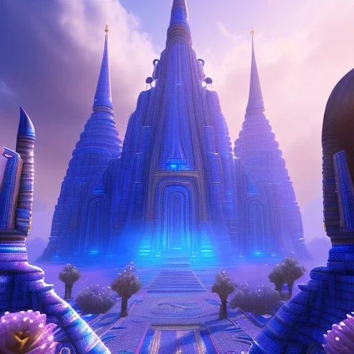 Aztecan blue crystal temple ! soft background | god rays | intricate | elegant | transparent blue and pink landscape | highly detailed | illustration | depth of field, luminosity, ultra sharp focus, ultra high definition