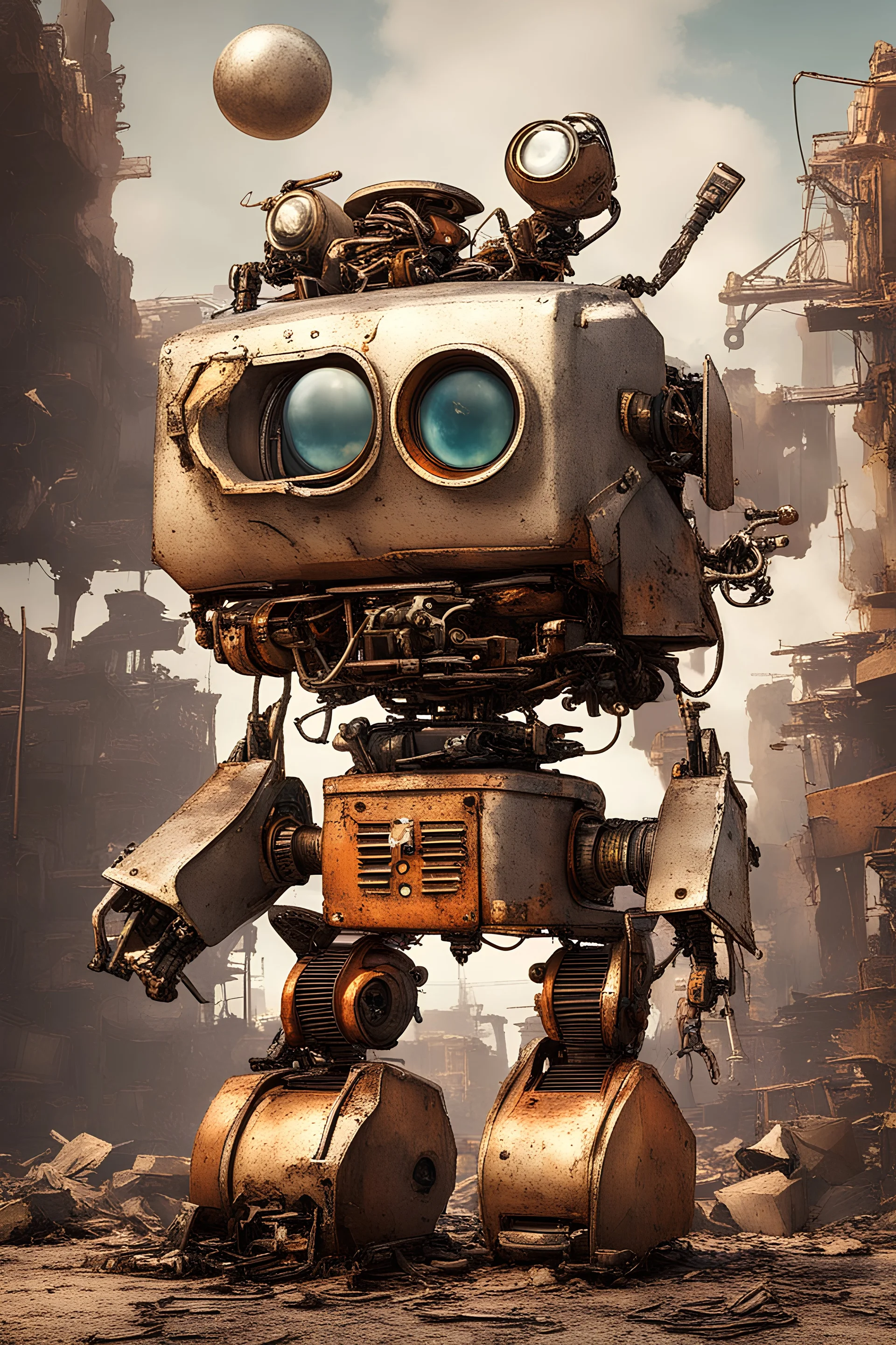 Baz-like metal robot flying with one eye with junkyard background