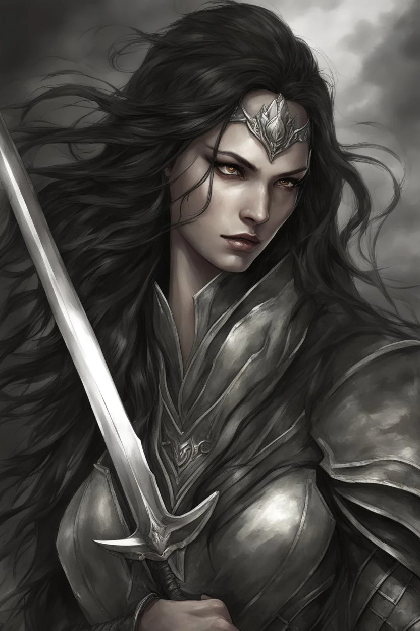 SA female elf with skin the color of storm clouds, deep grey, stands ready for battle. Her long black hair flows behind her like a shadow, while her eyes gleam with a fierce silver light. Despite the grim set of her mouth, there's a undeniable beauty in her fierce countenance. She's been in a fight, evidenced by the ragged state of her leather armor and the red cape that's seen better days, edges frayed and torn. In her hands, she grips two daggers, add dark shadow mystic purple flames