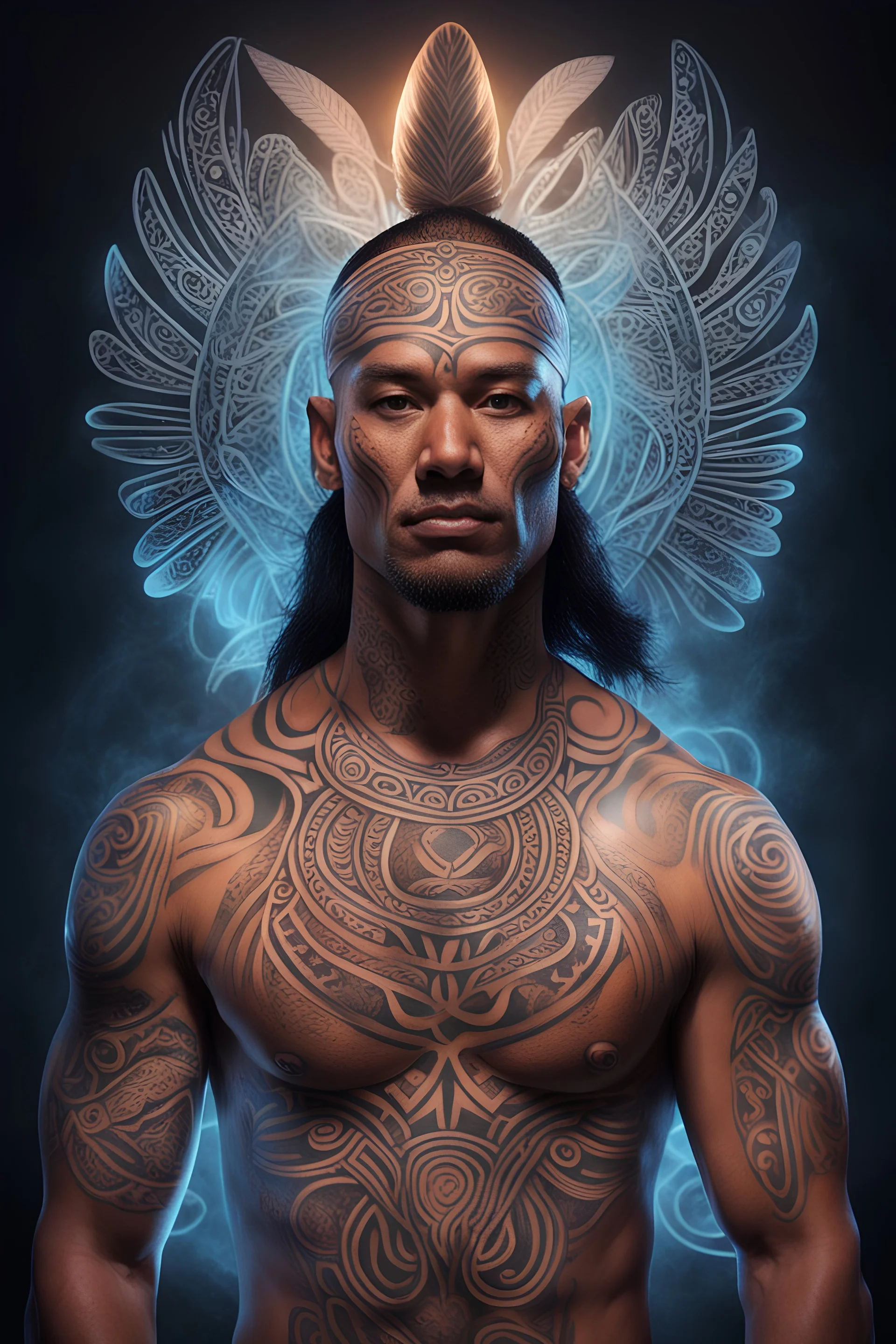 Create Maori warriors with ancestral tattoos glowing with ethereal light, stylized Dan Volbert