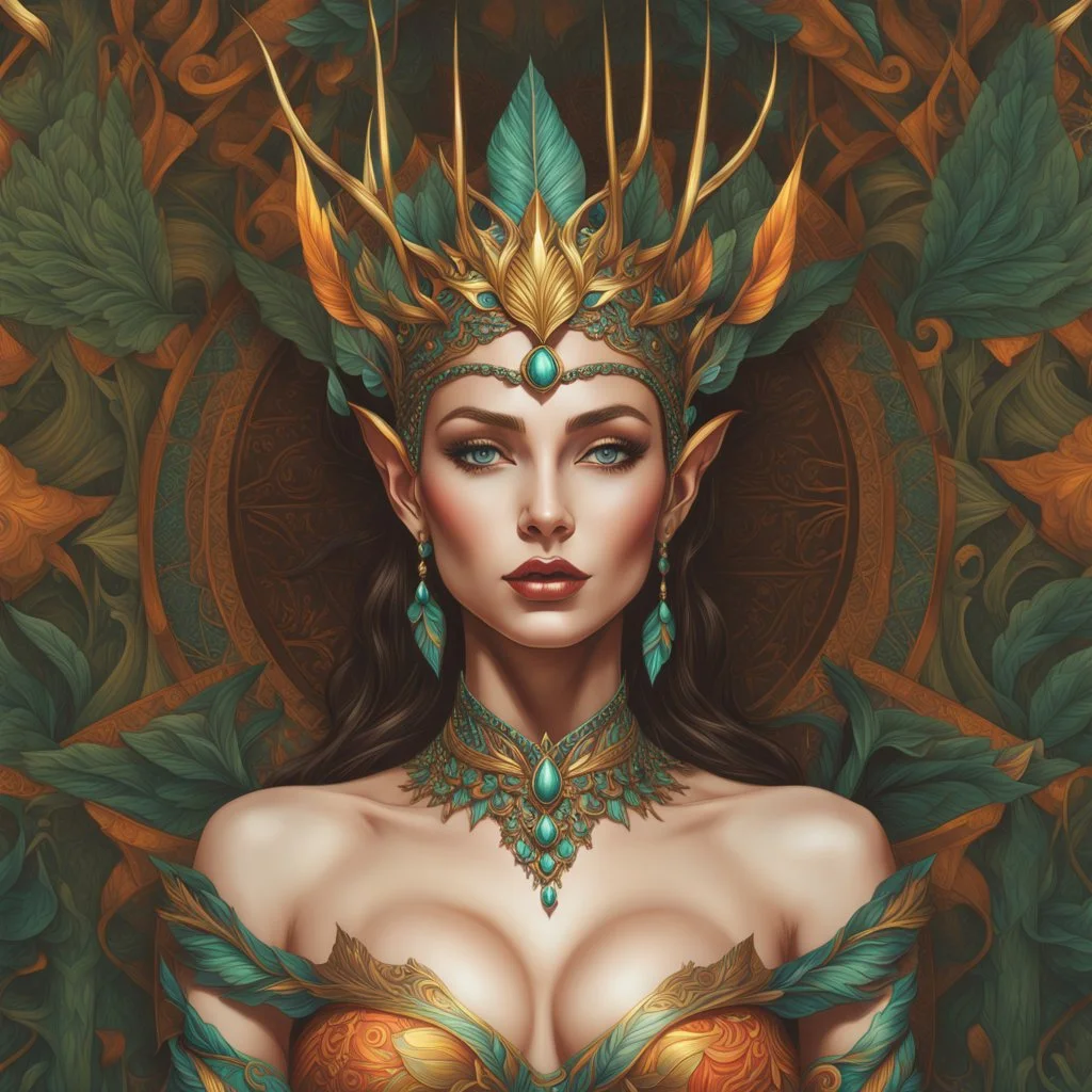 Cuerpo completo, Pintura arte lineal de una Reyna elfo, coloreada, maximalista, calidad ultra, hiperdetallada, 12k