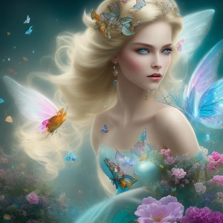 bright fairy, unic beautiful kind portrait, blond hair,blue eyes, flowery luminous pastel colors, butterfly