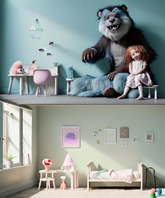 Realistic child room scene. sweet big furry monster sitting. girl from behind. Steven Spielberg style. Red hair, smile, happy, gradient color fog. highly detailed, concept art, unreal engine 5, ray tracing, RTX, lumen lighting, ultra detail, volumetric lighting, 3d, finely drawn, high definition, high resolution.