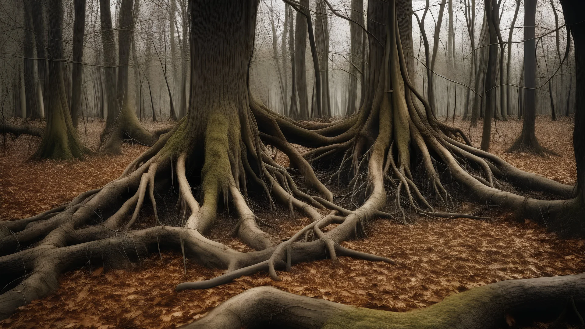 Two bare trees with exposed roots on a forest floor, surrounded by fallen leaves