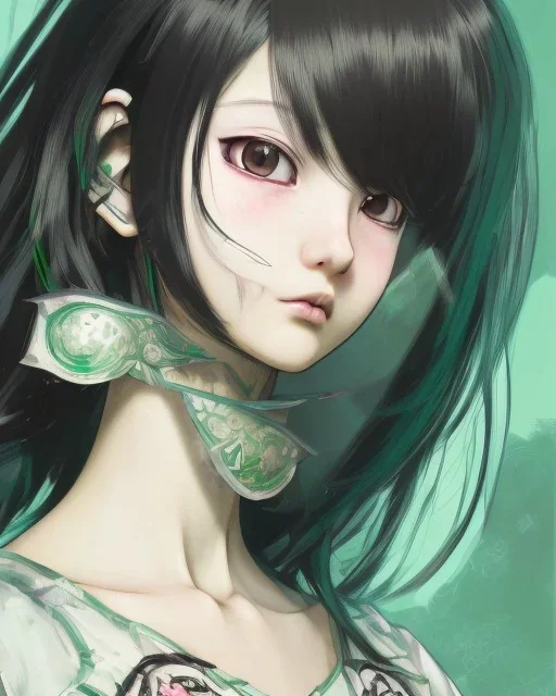 Detailed anime child girl, dark green hair, black and green dragon scale armour, intricate details, full body portrait, keep head in frame, slight smile, black Japanese motif, concept art, highly detailed, digital painting, concept art, sharp focus, illustration, art by Yoji Shinkawa, WLOP and greg rutkowski and alphonse mucha and artgerm and yanjun Chen and Junji ito and Makoto Shinkai, HDR, octane render