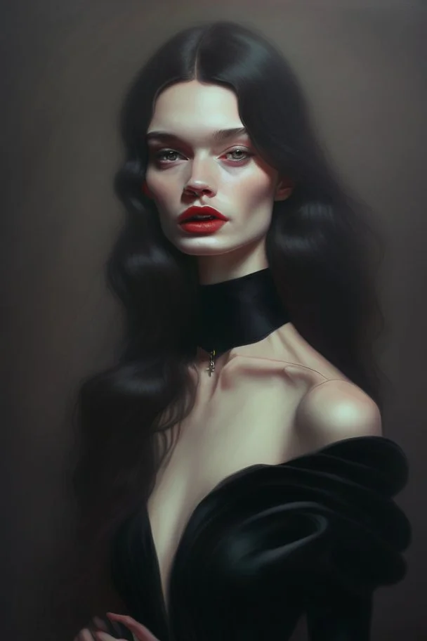 painting by marta bevacqua portrait of mistress arrogant beautiful woman in a black dress, nice body, nice lips,full body, straight hair 8k, high quality, highly detailed, whip in her hand