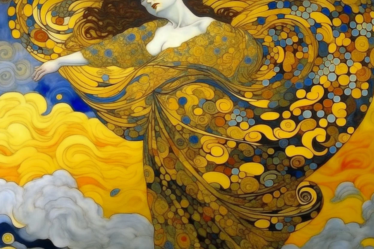 A swirling storm high above the sky with a giant beautiful woman painted by Gustav Klimt