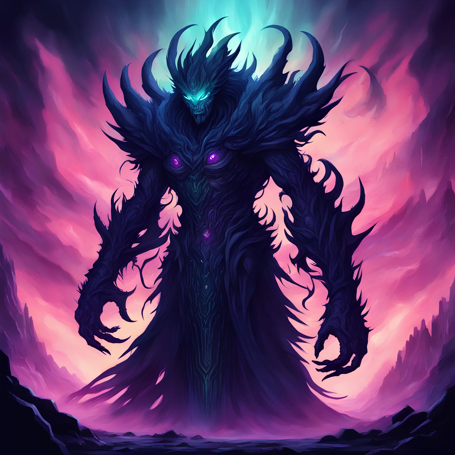 Valdain Cursed Shadow in monster electronic dreamscape art style