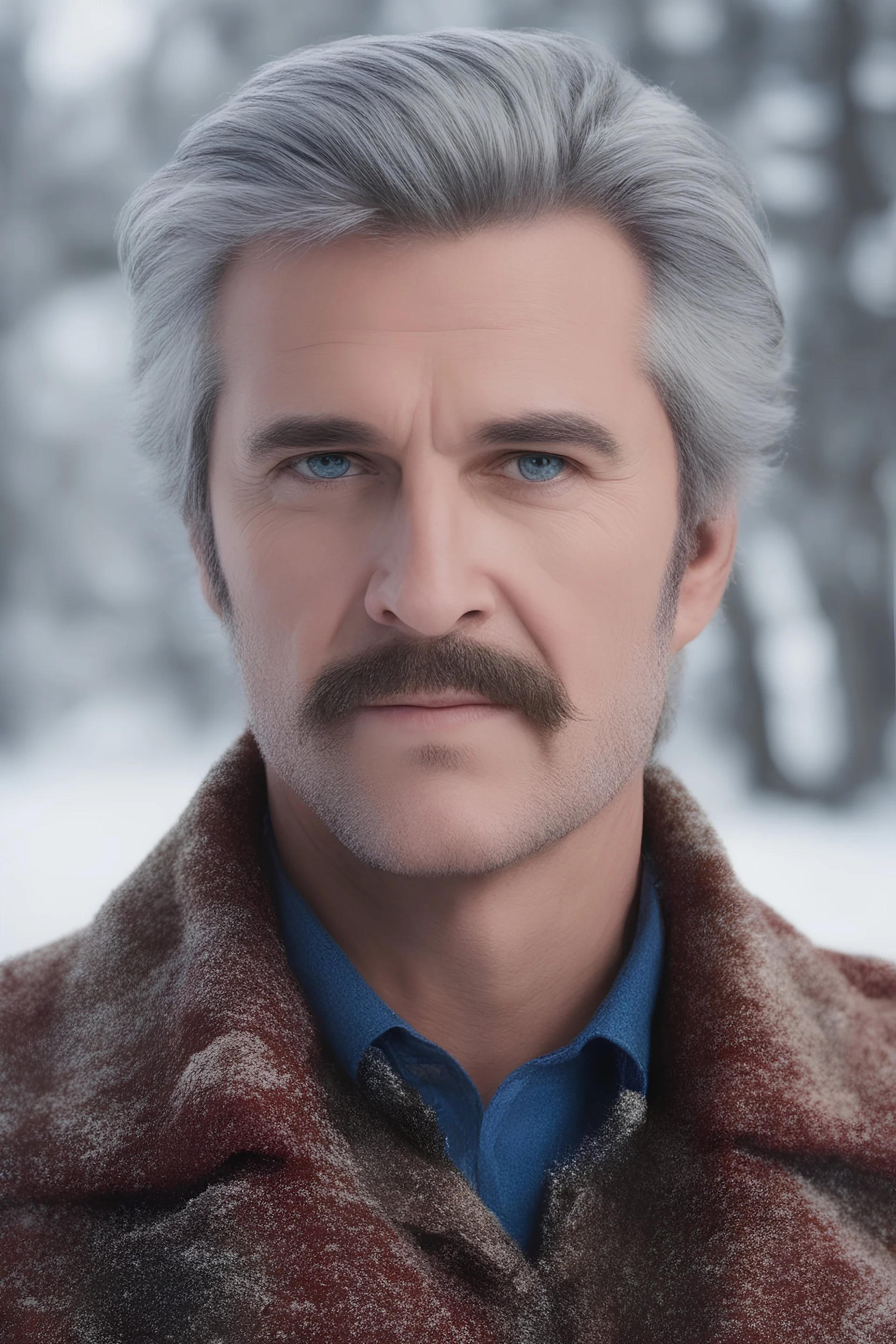 thinning white hair, mustache, Blue eyes, close-up facial portrait - a Bright, well-lit UHD, 1080p 32k, photograph - winter time, hunting season, part Jesus Christ, part Elvis Presley with a mustache and short crew-cut hair, part Lee Majors, Part red and black checkered wool coat, blue jeans, cowboy boots, plaid shirt, sunbursts, crosses, 3D lighting, diamonds, hearts, Butterflies, Clovers, Roses, extremely colorful,