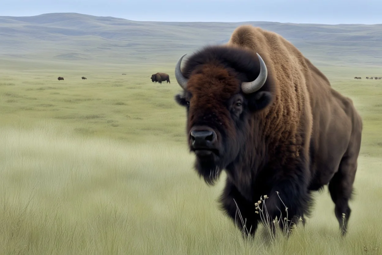 Bison walking towards viewer's right, on white background, fades out on the left