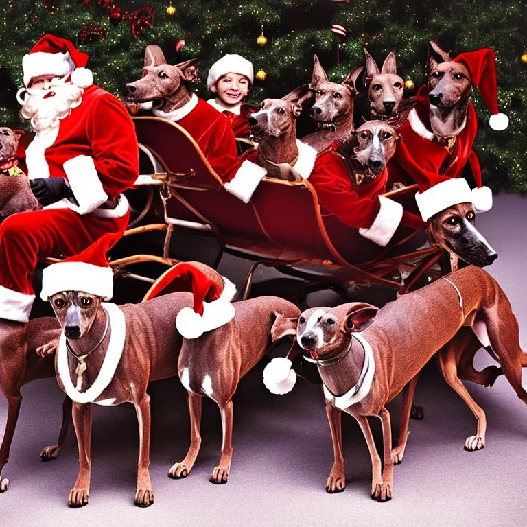 mdjrny-v4 Santa Clause's sleigh pulled by greyhounds, photograph, Santa is African