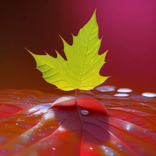 single leaf in water, vibrant colors, ultra realistic leaf, delicate foreground color, vibrant colors, Hi-def, 10k, unreal 5 engine, realistic texture, dramatic lighting, masterpiece, bokeh background, firefly background, depth of field, high contrast, leaf dew drops, still life, granular detail, strong directional light