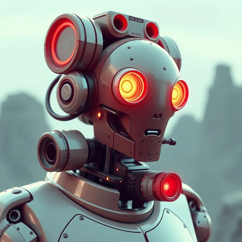 a retro-futuristic robot, space age, dystopia, stylised, digital art, 3d render