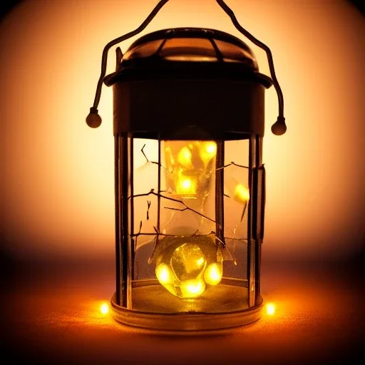 glowing fireflies in a lantern, many ghostly lights inside a belljar, fairy lights, polaroid, symmetry, bioluminescence, luminescent glow, moody, tender, photorealistic, octane render, golden hour