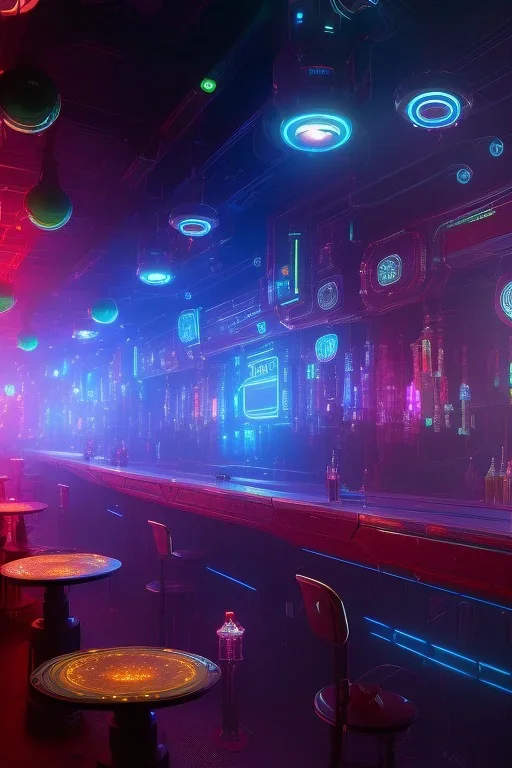 a few robots in a cyberpunk bar, digital art style. fantasy, volumetric lighting, particales,highly detailed wide shot, cinamatic, Zack Snyder stlye, colourful, w