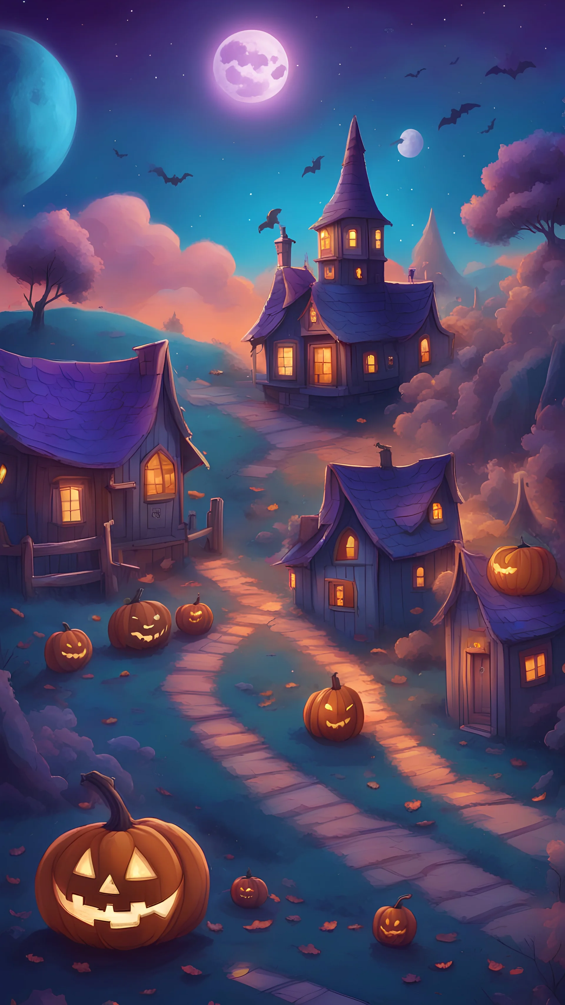A beautiful village with Halloween decorations and cosmic sky with blue and purple colors