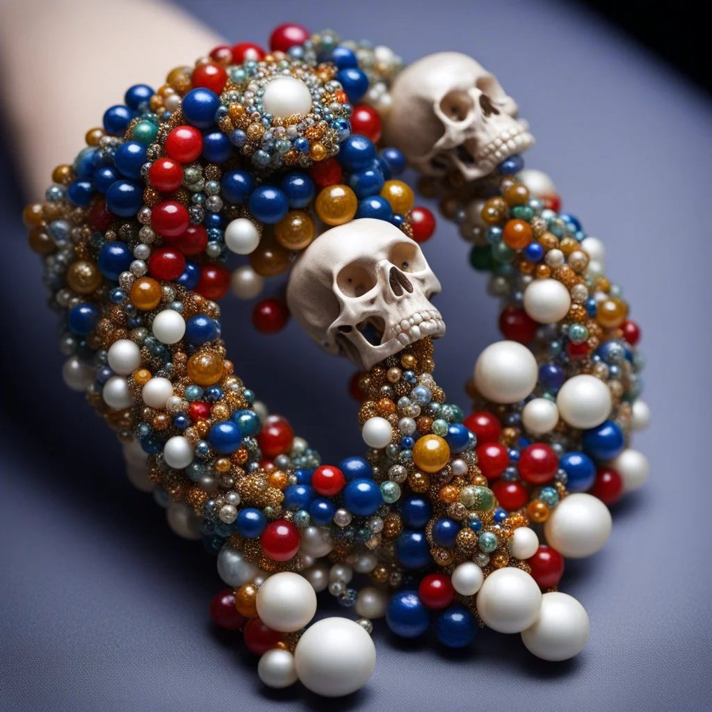 des bracelets de perles recouvre le poignet. on ne voit que perles: de toutes couleurs en formes, des dés, des têtes de mort