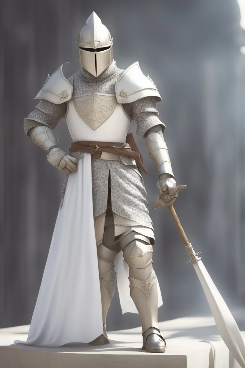 Picture of a knight wearing white armor and white cape with white helmet, holding a spear