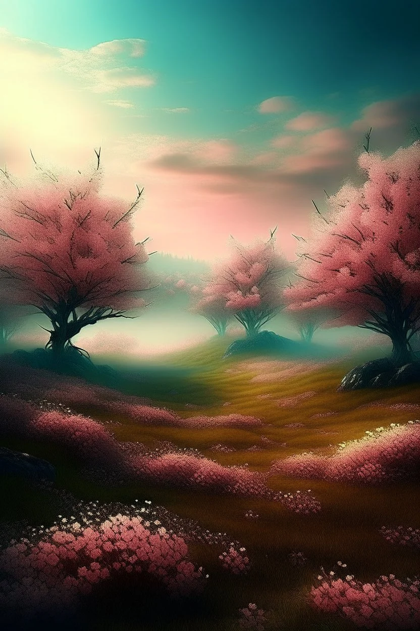 Mystical utopia, fields , cherry blossom trees