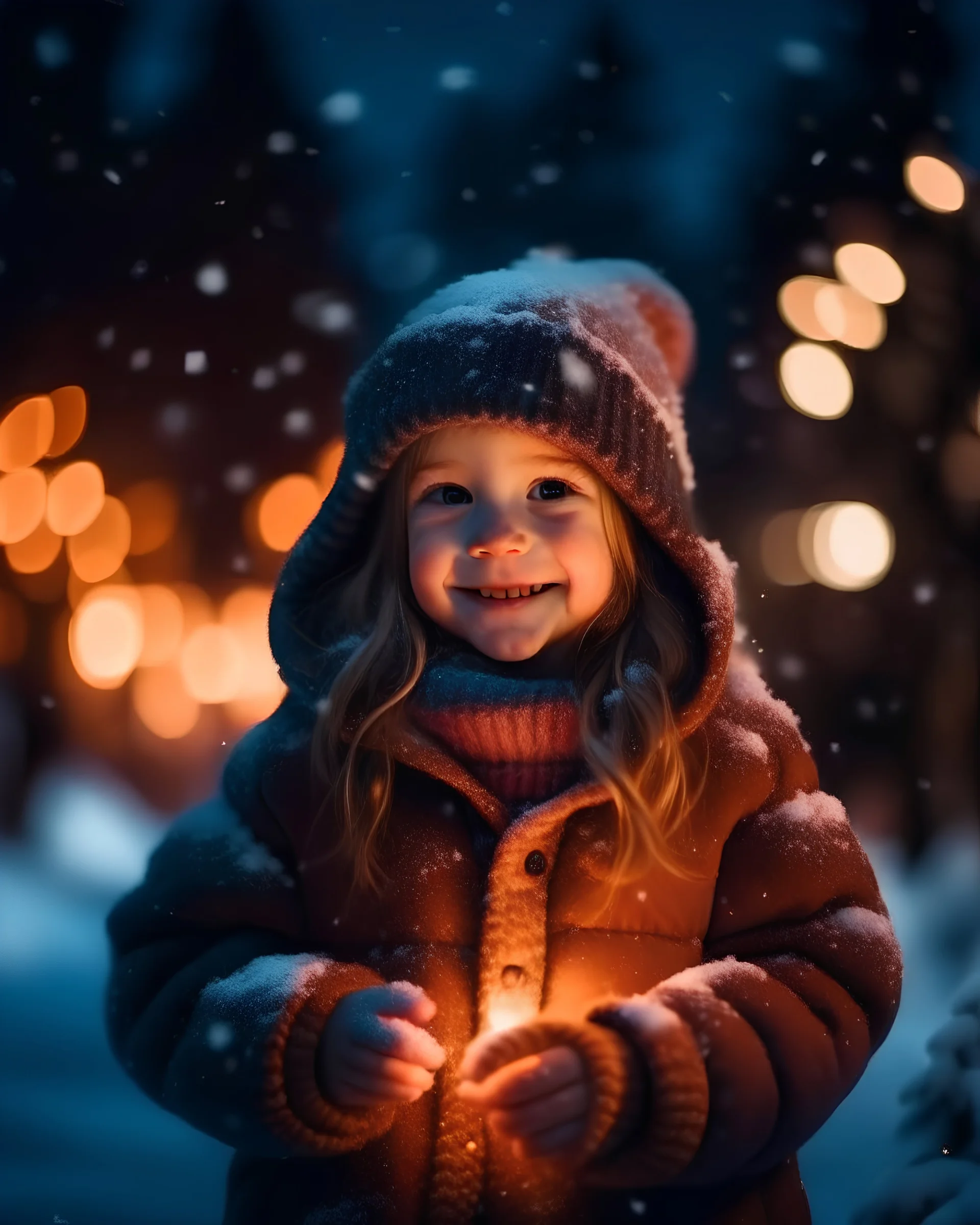 Little girl with christmas lights enjoying the holidays outdoors in snowfall. Happy cute child girl playing with Chistmas festive lights. digital ai