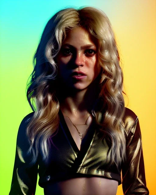 portrait, Shakira, blonde artist, angry, Realistic image, MMA robe, hoodie, mma gloves, fight pose, make-up make-up, gold line make-up, sweat, fog, goddess, Neon colors, leds. Black background, photo studio, concept art, smooth, unreal engine 5, god lights, ray tracing, RTX, lumen lighting, ultra detail, volumetric lighting, 3d, finely drawn, high definition, 4k.