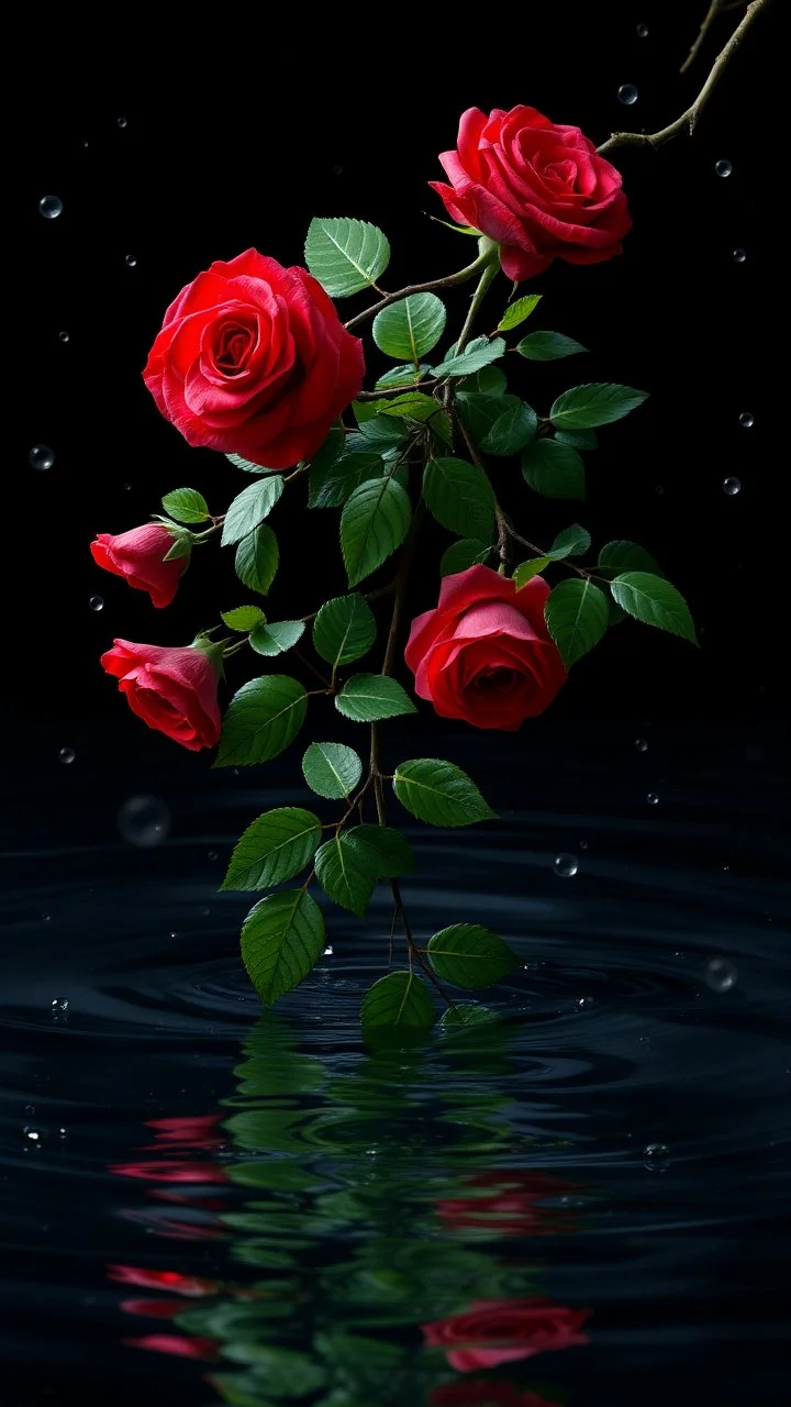 The image is a digital artwork that depicts a branch of tree of Red roses and leaves tangling in to a water in the river with aThe rose floats on the surface of the water, creating a wave-like effect. The background is black, which makes a branch of a tree of red roses stand out even more. Water droplets are scattered adding to the dreamy, ethereal quality of the image.