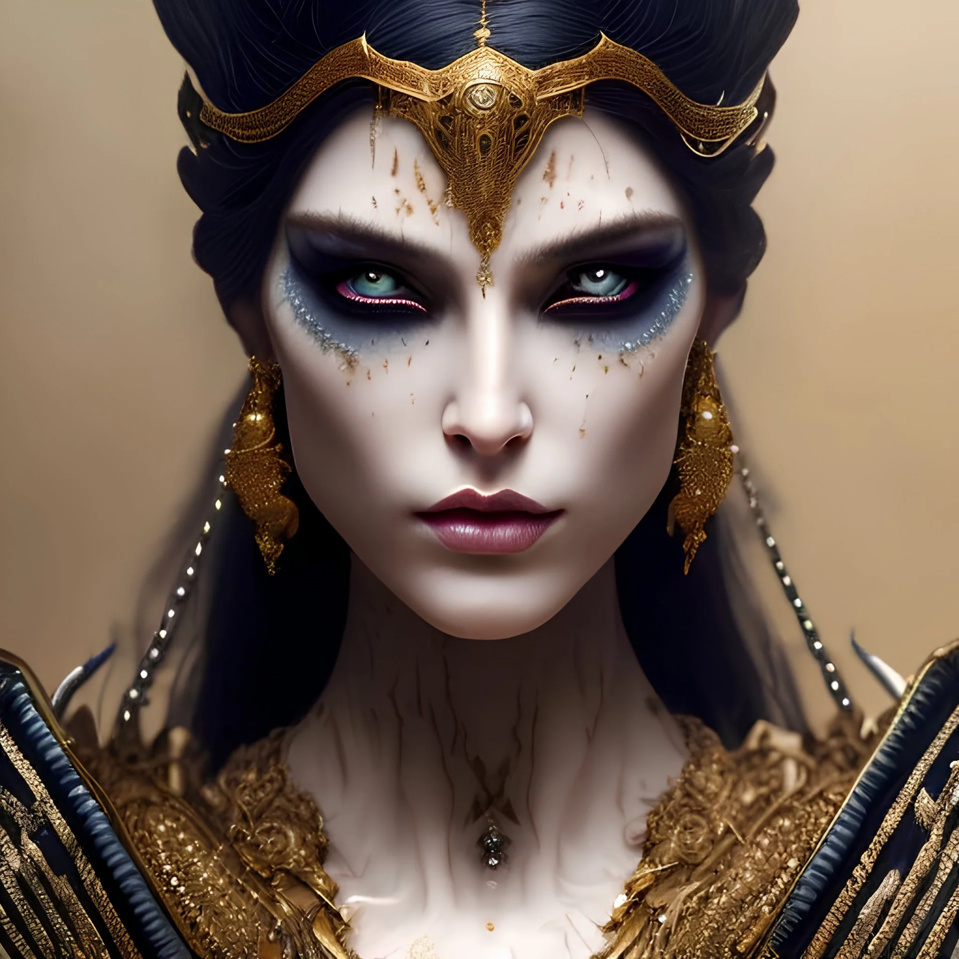 Corrupted priestess, beautiful face, walking, dark hair, yellow eyes with black sclera, tears, running makeup, leather, body tattoos, body piercings, dark fantasy, art by luis royo and greg rutkowski, portrait shot, concept art, insane detail, ray tracing, photorealism, 8k, octane render, frostbite, depth of field, backlight