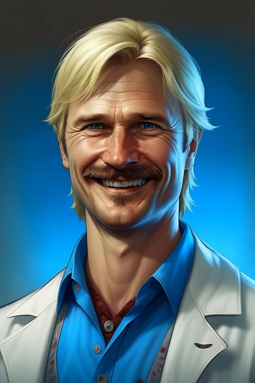 Mid-thirties, Caucasian male doctor, kind smile, blonde hair (slightly disheveled) thick blonde mustache, pale blue eyes, broad shoulders, muscular, six foot, Hawaiian shirt under white lab coat (with blood stains around the edges) , Strong Jaw line, encroaching shadowy tendrils, photo realistic, fantasy