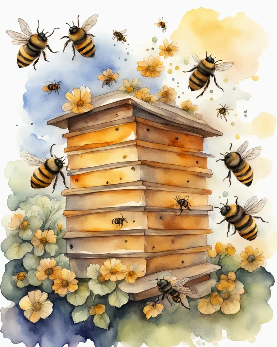 bees flutter over the hive watercolor drawing