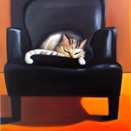 oil portrait of a Cat Sleeping in a Black sofa by María Izquierdo 8k