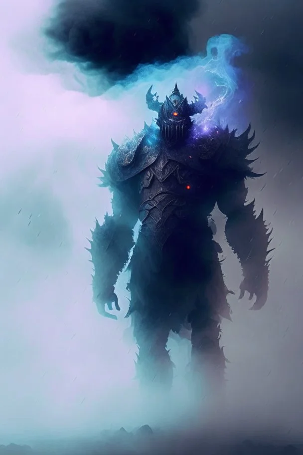 fog and smoke in a shape of a monsterous humanoid and a colour of a storm wearing a scalemail armor