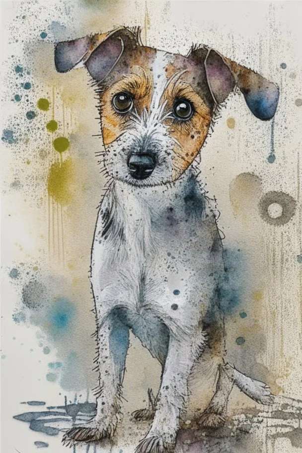 Abstract wet watercolour of a rough coated jack Russell, ink lines, interlinked circles, detailed,focus on eyes, watercolour paper