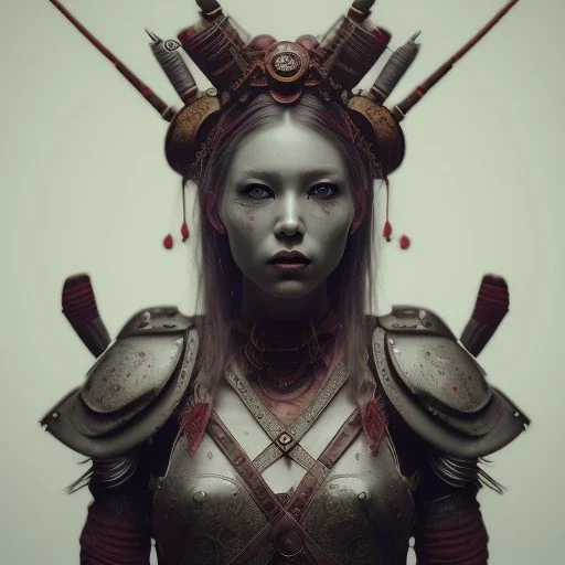 a warrior princess in samurai armor, red tattoo in the face, steam punk, scary, horror, realistic, made in octane, cinematic, movie, CGI, ultra-realistic, extremely detailed octane rendering, 8K, VRAY Super Real ar 2:3, dof photorealistic futuristic 50mm lens hard lighting dark gray tintype photograph, realistic lighting, sephia colors