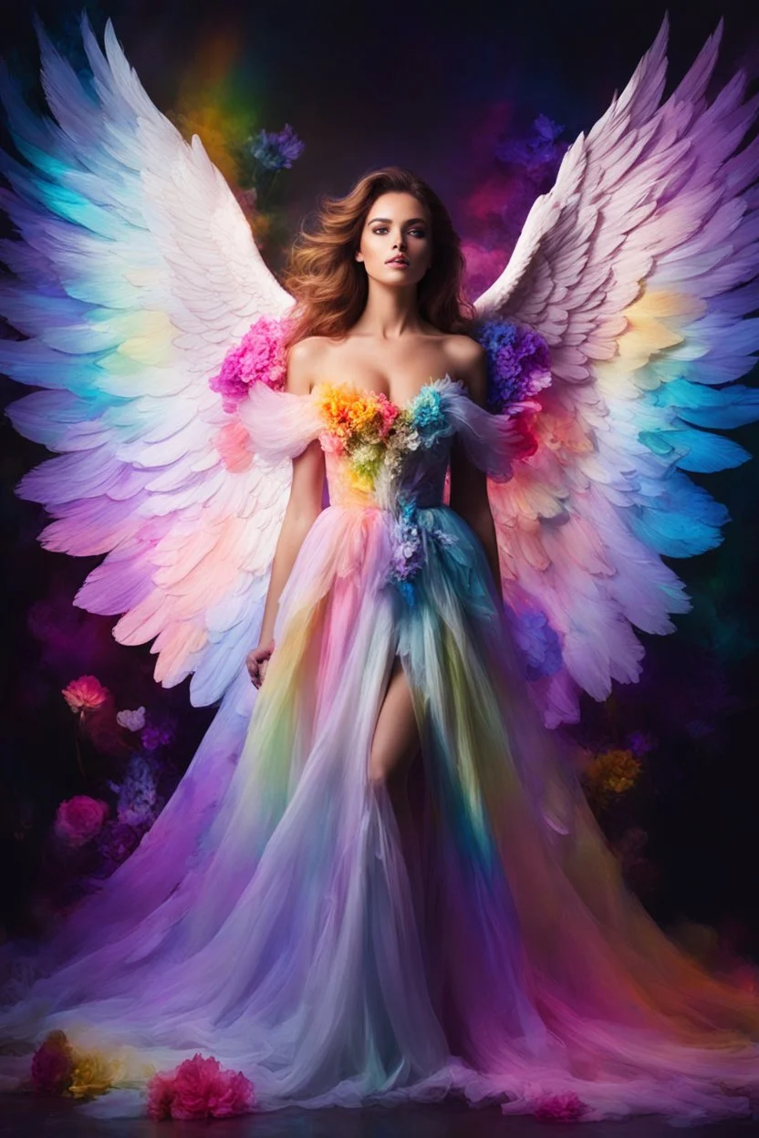 Gorgeous Photography Beautiful Woman as Angel with clothing abstracts flowers luxury gown dressing painting art neons rainbow colors glowing in the dark and colorful details, light leaks boleh colors,flowers background