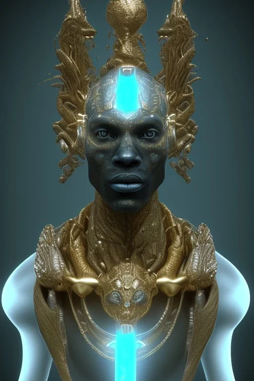 black male African Egyptian alien, cracks in the voodoo head, wicked, diamond eyes, crown, blood, 8k, finely detailed, photo realistic, leopard robe turquoise skull head gold dragon space alien rain skeleton gold teeth silver crown silver space suit spaceships